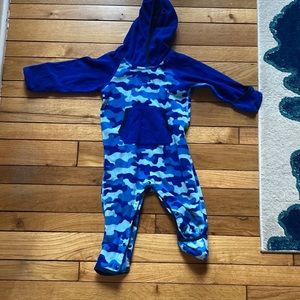The north Face winter fleece suit with fold over mittens and footies blue camo